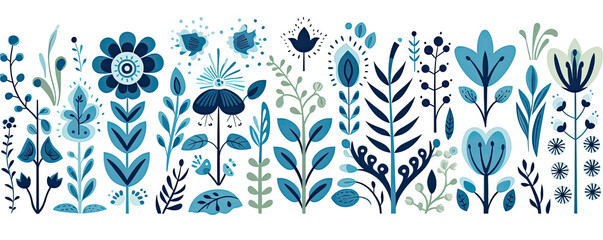 A colorful and lively flat design illustration with various stylized flowers and foliage for vibrant visuals