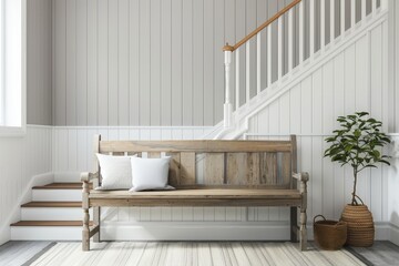 Wooden bench against gray wall and stairs. Interior design.