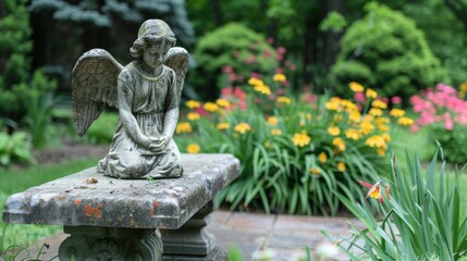 Angel Statue Sitting on Garden Bench
