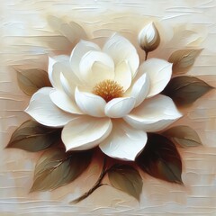 Oil painting of white flowers on beige background, soft palette knife strokes
