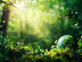 A simple, vibrant image of a globe surrounded by diverse habitats, symbolizing the global scope of habitat awareness - obrazy, fototapety, plakaty