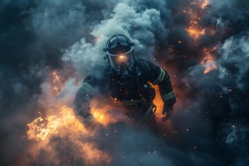 Heroic Firefighter Emerging Through Thick Smoke and Flames Showcasing Bravery and Determination in a Scene - obrazy, fototapety, plakaty