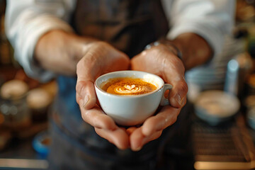 Fototapeta na wymiar Steaming brown coffee fills a mug held in someone's hands at a breakfast table