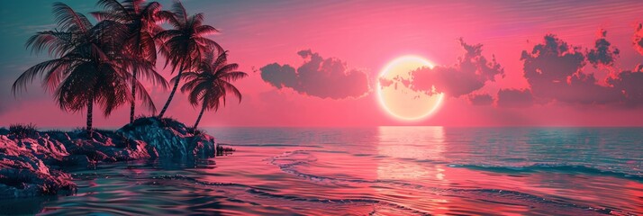 Tropical beach with palm trees at a neon pink sunset. Summer vacation concept. Retrowave, synthwave, vaporwave aesthetics. Retro style, webpunk, retrofuturism. Illustration for design, print, poster