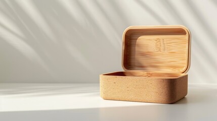 Eco-friendly bamboo lunch box on a white background with natural light