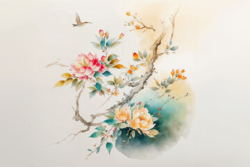 Ethereal Blossoms and Bird in Watercolor
