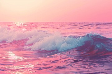 Pink wavy ocean background. Retrowave, synthwave, vaporwave aesthetics. Retro style, webpunk, retrofuturism. Illustration for design, print, poster. Summer vacation concept.