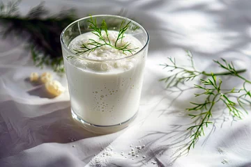 Selbstklebende Fototapeten Glass of milk with mint © LipskiyS