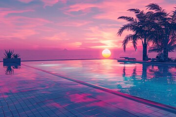 Tropical pool with palm trees at sunset. Retrowave, synthwave, vaporwave aesthetics. Retro style, webpunk, retrofuturism. Illustration for design, print, poster with copy space. Summer vacation 