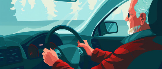 Safety tips for older drivers to maintain mobility and independence, including attending driving refresher courses, illustrated on a minimalist background for clarity - obrazy, fototapety, plakaty