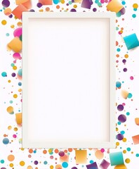 Colorful confetti and geometric shapes on white background, frame, pop art, flat design, vector illustration.