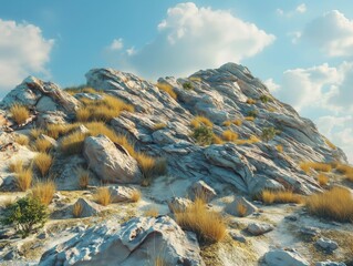 A rocky hillside with a few trees in the foreground. The sky is cloudy and the sun is shining through the clouds - obrazy, fototapety, plakaty
