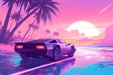 Raamstickers Retro sports car on a road with neon sunset and palm trees. Retrowave, synthwave, vaporwave aesthetics. Retro style, webpunk, retrofuturism. Illustration for design, print, poster. Summer vacation  © dreamdes