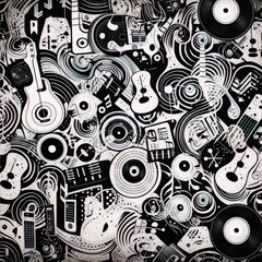 Black and white seamless pattern of guitars, musical instruments and records in doodle style.