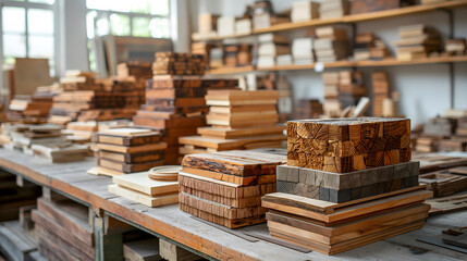 Wooden products in a carpentry workshop. Woodworking industry. - obrazy, fototapety, plakaty