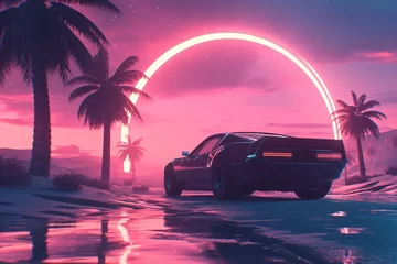 Poster Car under a neon arc in a tropical beach. Retrowave, synthwave, vaporwave aesthetics. Retro style, webpunk, retrofuturism. Illustration for design, print, poster. Summer vacation concept. © dreamdes