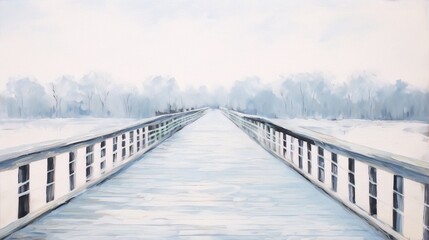 Fototapeta premium Frozen canal, rows of white houseboats, a serene winter scene. 