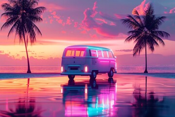 Van on the beach with neon lights at dusk. Retrowave, synthwave, vaporwave aesthetics. Retro style, webpunk, retrofuturism. Illustration for design, print, poster. Summer vacation concept.