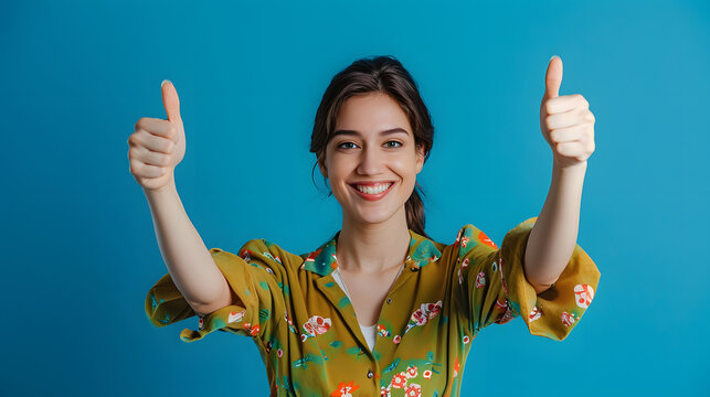 Photo of adorable confident lady dressed shirt showing two thumbs up isolated blue color background