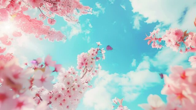 Cherry Blossom Against Blue Sky Spring Background  Wallpaper Images. seamless and looping 4k