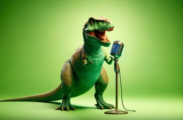 a dinosaur ready to entertain, holding a microphone