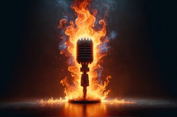 A microphone ablaze with fire