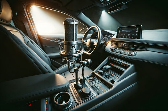 a microphone mounted inside a car next to the driver's seat
