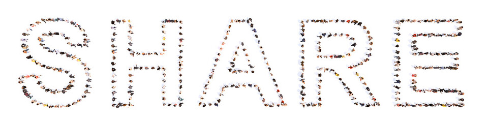 Concept conceptual large community of people forming the word SHARE. 3d illustration metaphor for online, network, social media, communication and connection, business, community and global