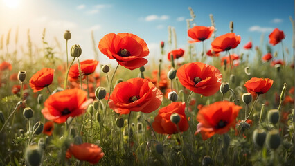 Obraz premium A springtime scene with bright red poppy flowers and green foliage under a clear sky, symbolizing rebirth and the beauty of spring