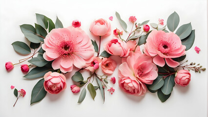 A well-composed flat lay image captures the delicate beauty of pink spring flowers arranged with artistic flair and simplicity