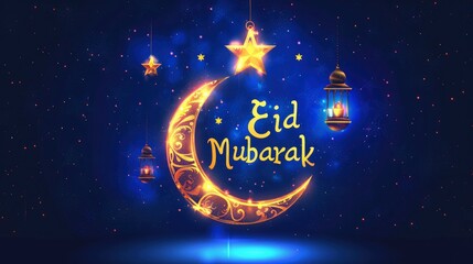 Obraz na płótnie Canvas Blue and yellow glowing neon text Eid Mubarak