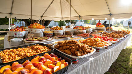 Outdoor Catering Buffet Featuring a Variety of Dishes Under a Tent
