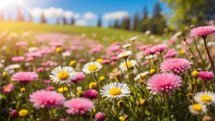 An idyllic field brimming with pink and white daisies soaking up the warm light of spring, signifying purity and new beginnings as nature awakens