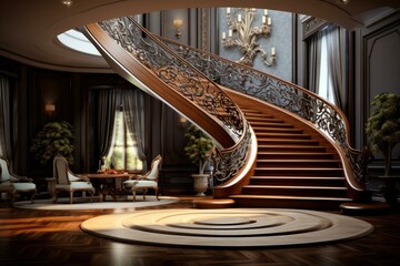 Opulent Stair luxury house. Floor hall. Generate Ai