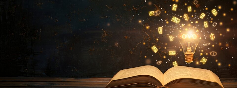 open book with glowing light bulb and money sign icons coming out of it, background with copy space