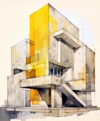 Yellow and gray geometric shapes in watercolor style, Bauhaus architecture