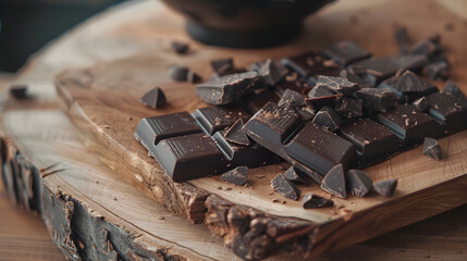 Dark chocolate on a wooden board