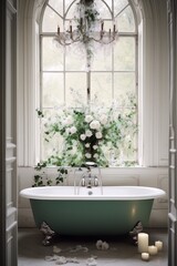 Fototapeta premium Elegant green bathtub near a large window decorated with white flowers and vines in a bright bathroom with a classic interior style