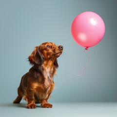 cute dachshund dog looking at a pink inflatable ball floating in the air
