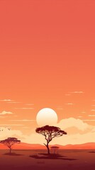 Obraz premium Digital painting of a sunset in the savanna, featuring an acacia tree and a setting sun in a gradient orange sky.