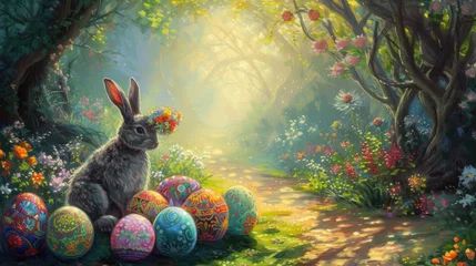 Zelfklevend Fotobehang An organism, the rabbit, is perched on a mound of colorful Easter eggs amidst the natural landscape of a garden, blending into the vibrant painting of grass and fruit around it AIG42E © Summit Art Creations