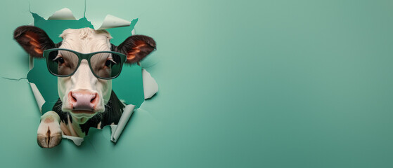 A cow wearing eyeglasses humorously tearing through a green paper backdrop