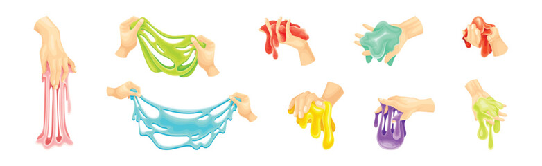 Human Hand Playing with Colorful Slime Toy Vector Set - obrazy, fototapety, plakaty