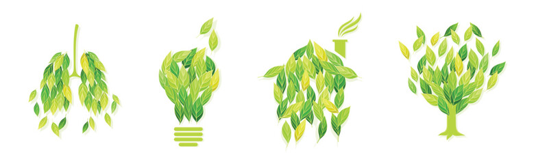 Green Leaf Symbol and Creative Ecology Sign Vector Set - obrazy, fototapety, plakaty