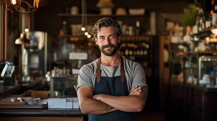 Portrait photograph of barista cafe employee standing behind bar