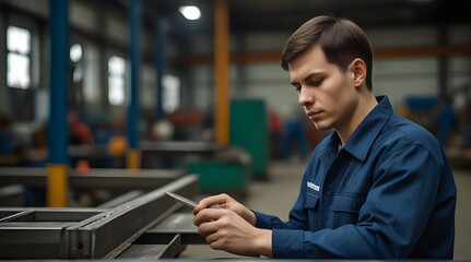 Factory worker measures the metal profile .Generative AI