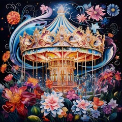 A carousel surrounded by vibrant flowers, bathed in starlight.
