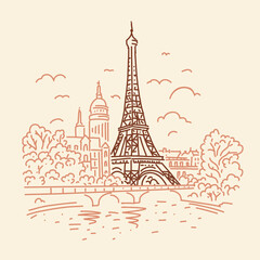 Eiffel Tower in Paris, city panorama. Vector line illustration