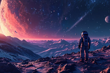 Vivid colorful illustrations of astronaut in space	