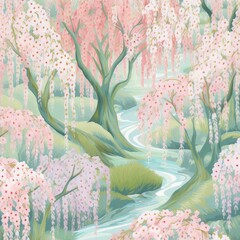 Pastel cherry blossoms line a winding stream. Peaceful spring forest.
